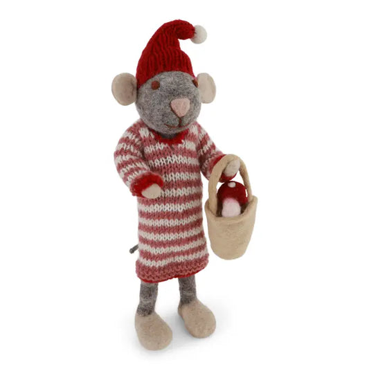 Felt Girl Mouse Holding Mushroom in Bucket