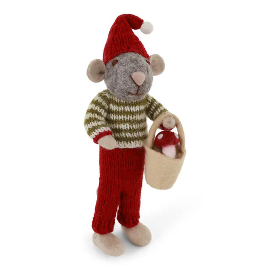 Felt Boy Mouse Holding Mushroom in Bucket