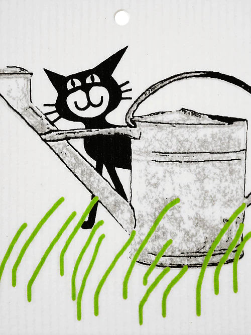 Cat Behind Watering Can Swedish Dishcloth